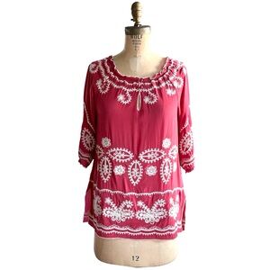 Sundance Red & White Silk Embroidered Tunic, sz P/Sm